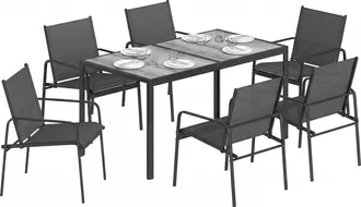 OEM Set Tavolo E Sedie Da Giardino 7pz Con 6 Sedie Traspiranti In Texteline E Tavolino Da Caff&egrave; Effetto Legno, Nero