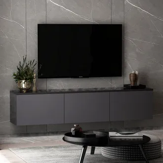 Dmora Mueble Para Tv Surrigone, 3 Compartimentos, 3 Puertas, Apertura Abatible, 160x32x35h Cm, Negro Antracita
