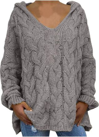 Generic V Neck Jumpers for Women UK, Plus Size Hooded Knitted Jumpers Oversized Hoodie Autumn Winter Warm Sweater Tops Casual Loose Pullover Cable Knit Tunic 