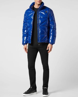 Philipp Plein Quilted Hexagon Down Jacket In Blue