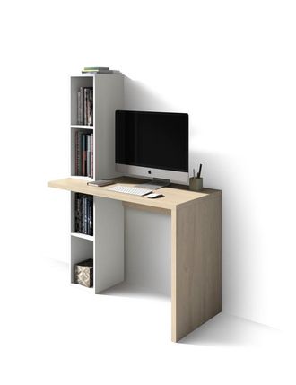 HERDASA Escritorio Modelo 639 De La Colecci&oacute;n Nelle Roble Y Blanco, Encimera En Cascada Y Estanter&iacute;a Lateral, De Herdasa