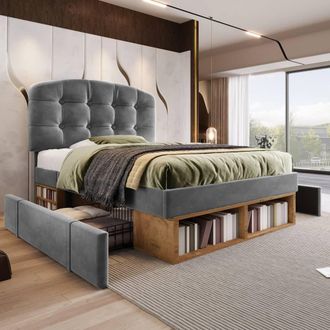 Matteo Grey Velvet Upholstered Single Bed with Storage & Adjustable Headboard