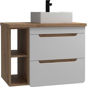 Vente-Unique Mueble de ba&ntilde;o suspendido con lavabo y estantes - Color natural y blanco 80 cm - ARUBA