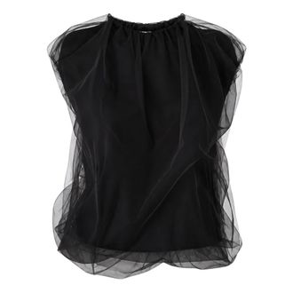 Meimeij Mouwloze blouse met boothals en tule overlay - Dames - Tops - Zwart - Maat: S