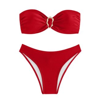 Generic Womens 2 Piece Strapless Swimsuits High Cut Metal Ring Tube Top Bandeau Bikini Set Swimming Costume Women Swimwear Beachwear Red