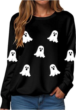Generic Halloween Jumper for Women Cute Pumpkin Ghost Graphic Sweatshirts Long Sleeve Crew Neck Fleece Lined Pullover Jumpers Tops Ladies Halloween Costumes L