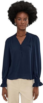 CeCe by Cynthia Steffe Long Sleeve Half Placket Smocked Top Womens Clothing Classic Navy : XS, Polyester
