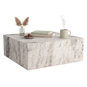 Dmora Dmora - Mesa De Caf&eacute; Lemina, Mesa De Centro Baja, Revistero Para Sof&aacute;, Estante De La Sala De Estar, 90x90 H35 Cm, M&aacute;rmol