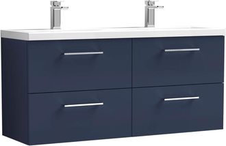 Nuie Nuie - Arno Satin Midnight Blue 1200mm Wall Hung 4 Drawer Vanity Unit and Double Ceramic Basins - ARN2924F