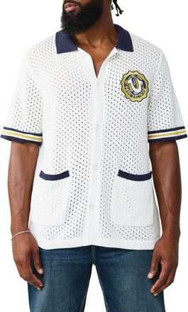 True Religion Horseshoe Crest Openwork Knit Button-Up Shirt in Winter White at Nordstrom, Size Xxx-Large