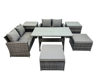 Fimous 6 Seater Outdoor Table Double Seat Sofa 2 Side Table 2 Big Stools Set in Dark Grey