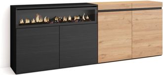 Skraut Home Aparador efecto madera roble y negro 200x35x75cm chimenea efecto fuego