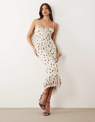 Asos Vestito midi in chiffon elasticizzato con stampa a pois e bustino con volant color panna-Bianco