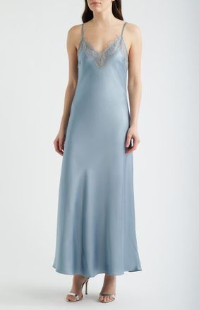 Lucy Paris Cassias Lace Detail Sleeveless Satin Gown in Ice Blue at Nordstrom, Size X-Large