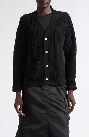 sacai Mixed Media Wool Cable & Poplin Shirt Cardigan in Black/dark Black at Nordstrom, Size 2