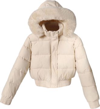 Generic Cropped Puffer Jacket with Hood Women Short Puffer Bomber Jacket Faux Fur Hood Fleece Lined Winter Coat White Medium