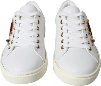 Dolce & Gabbana White Leather Gold Red Heart Sneakers Womens Shoes