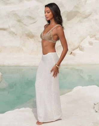 Moda Minx x Alejandra Vidal - Gonna lunga in maglia color crema con paillettes-Bianco