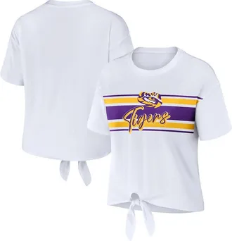 WEAR by Erin Andrews Womens WEAR by Erin Andrews White LSU Tigers Striped Front Knot Cropped T-Shirt at Nordstrom, Size Xx-Large