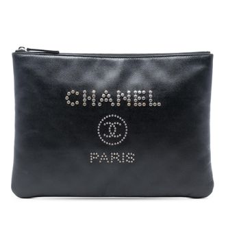 Chanel Pre-owned Womens Medium Caviar Deauville Studded O Case Clutch - Black Leather - One Size