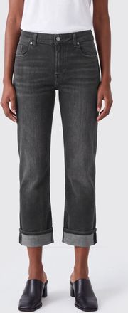 7 For All Mankind Jeans cropped slim fit in denim stretch nero con risvolto