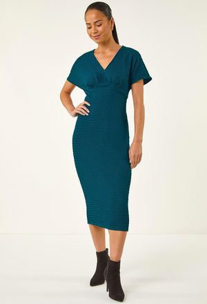 Roman Textured V-Neck Stretch Midi Dress