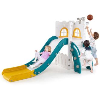 Costway 6 in 1 Scivolo per Bambini, Set da Gioco a Forma di L con Canestro da Basket e Telescopio, Spazio di Archiviazione, Scivolo da Interno ed