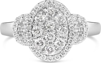 House of Brilliance 10K White Gold 1.0 Cttw Diamond Oval Cluster with Halo Vintage-Inspired Art Deco Buckle Style Statement Ring