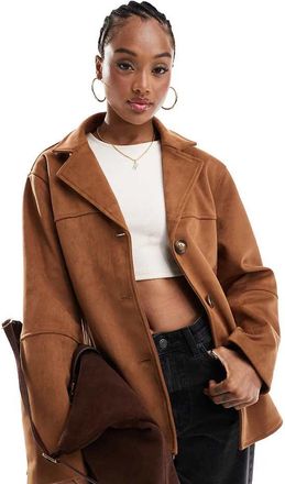 Asos Tall ASOS DESIGN Tall - Giacca in camoscio sintetico color cuoio con bottoni sul davanti-Marrone