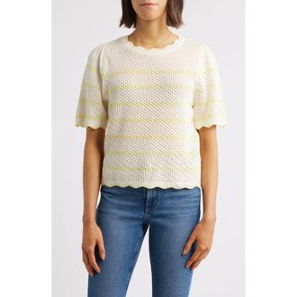 Wit & Wisdom Stripe Scallop Edge Short Sleeve Sweater in Ivory/Sunny Lime at Nordstrom Rack, Size X-Large