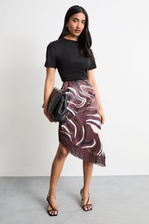 Warehouse Womens Abstract Printed Satin Fringed Midi Skirt - Chocolate - Size 16 UK