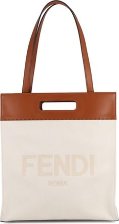 Fendi Brown White Leather Canvas Shopping Bag Shoulder Bag Tote Bag (Pre-Owned)