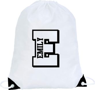 Generic Personalised Initial Name Drawstring Bag Sport School PE Kit Boys Girls Gym Dance Swimming Unisex Bags (WHITE)