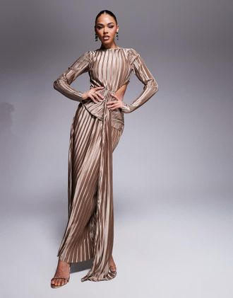 Asos long sleeve plisse maxi dress with tie waist detail in mocha-Brown