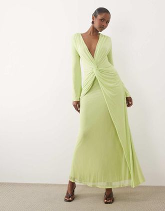 Asos Vestito lungo a maniche lunghe con scollo profondo e nodo attorcigliato in rete color lime-Verde
