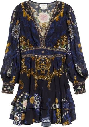 Camilla Beaded Print Long Sleeve Silk Dress in Notes From The Blue Room at Nordstrom, Size X-Small