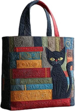 Generic Vintage Quilted Tote Bag for Women, Aesthetic Cotton Shoulder Bag with Literary Book & Floral Embroidery Lightweight Hobo Purse for World Book Day & M