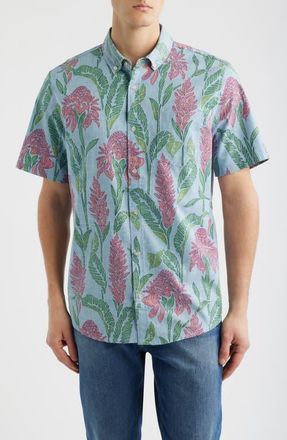 Reyn Spooner Ginger Burst Short Sleeve Button-Down Cotton Blend Sport Shirt in Dusty Blue at Nordstrom, Size X-Large