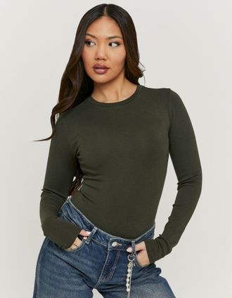 Tally Weijl Langarmbody TALLY WEIJL SBOCOCOSYM, Damen, Gr. L, N-Gr, deep khaki, Jersey, Obermaterial: 100% Baumwolle, unifarben, figurbetont normal, Rundhals, Bod