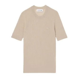 Lacoste Round-neck Knitwear, female, Beige, Size: S Short Sleeve Merino Wool Rib Knit Sweater