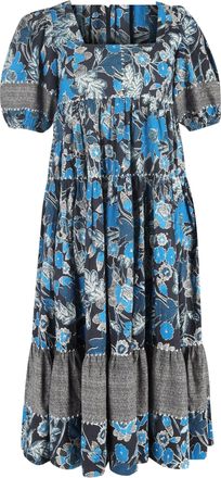 Ulla Johnson Nora Floral-Print Midi Tiered Dress in Blue Cotton