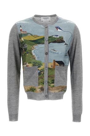 Thom Browne Cropped Cashmere-Silk Cardigan with Scenic Print and Buttoned Cuffs