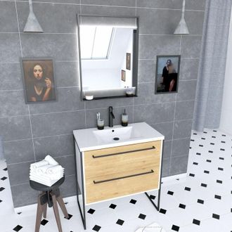 Aurlane Aurlane - Mueble De Ba&ntilde;o 80x50 Cm Blanco - 2 Cajones Roble Natural - Lavabo Blanco- Espejo Led