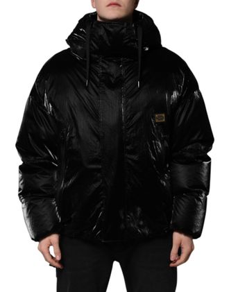 Dolce & Gabbana Mens Black Logo Full Zip Hooded Quilted Jacket Nylon Clothing