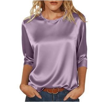 Generic Satin Tops for Women Elegant Going Out Tops Crew Neck 3/4 Sleeve Silk Blouse Ladies Tshirts Shiny Baggy Fashion Tunic Top Casaul Loose Party Business 