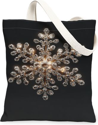 Generic Elegant Black Canvas Tote Bag, Vintage Snowflake Pattern Reusable Grocery Bags, Winter Lightweight Washable Shoulder Strap, Black, 13x15 Inch