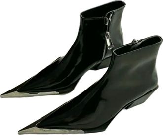 Generic GLDFW Pointed Toe Chelsea Boots Women Fall Chunky Heel Metal Toe Decoration High Heels Side Zip Black Ankle Boots