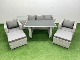 Fimous Patio Garden Furniture Sets with Black Glass Top Dining Table Armchair in Light Grey