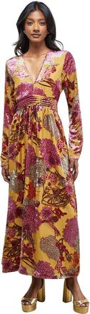 Warehouse Plunge Neck Waisted Long Sleeve Dress in Ochre at Nordstrom, Size 10