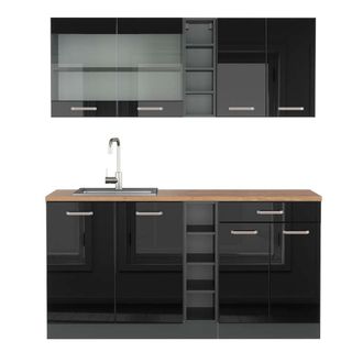 Vicco Cocina Vers&aacute;til R-line, Negro/antracita De Alto Brillo, 160 Cm, Et Roble